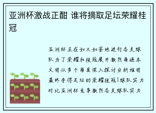 亚洲杯激战正酣 谁将摘取足坛荣耀桂冠